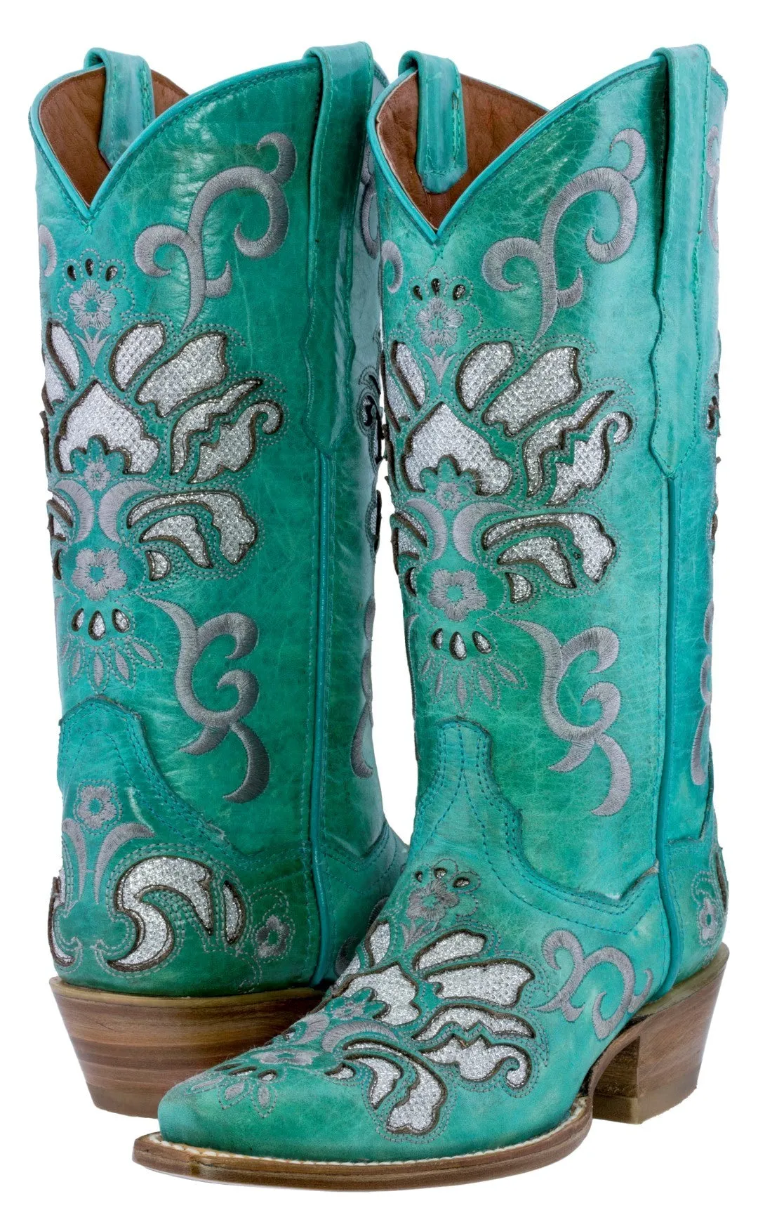 Women's Arabe Turquoise Inlay Fashion Leather Cowgirl Boots - Snip Toe