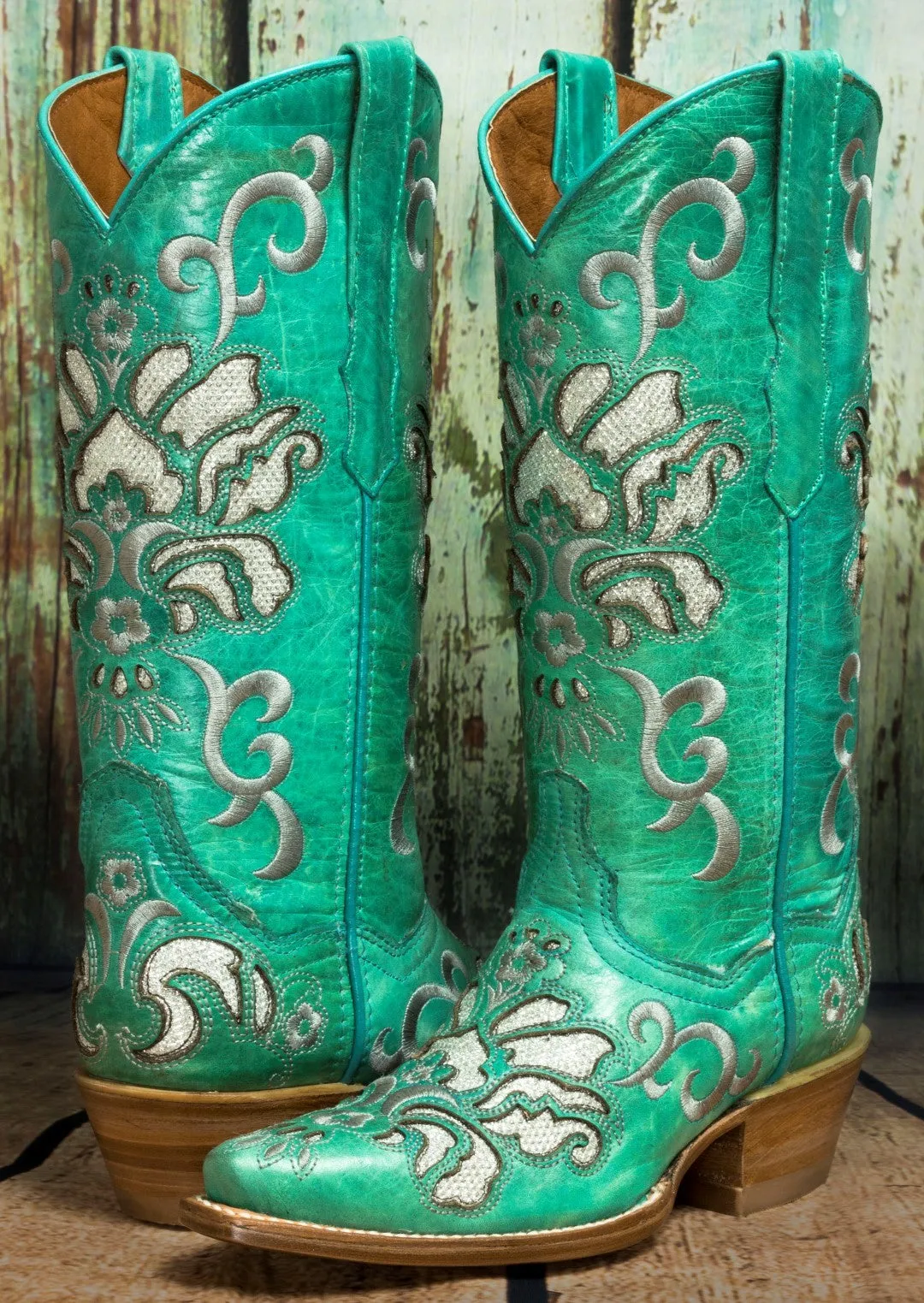 Women's Arabe Turquoise Inlay Fashion Leather Cowgirl Boots - Snip Toe
