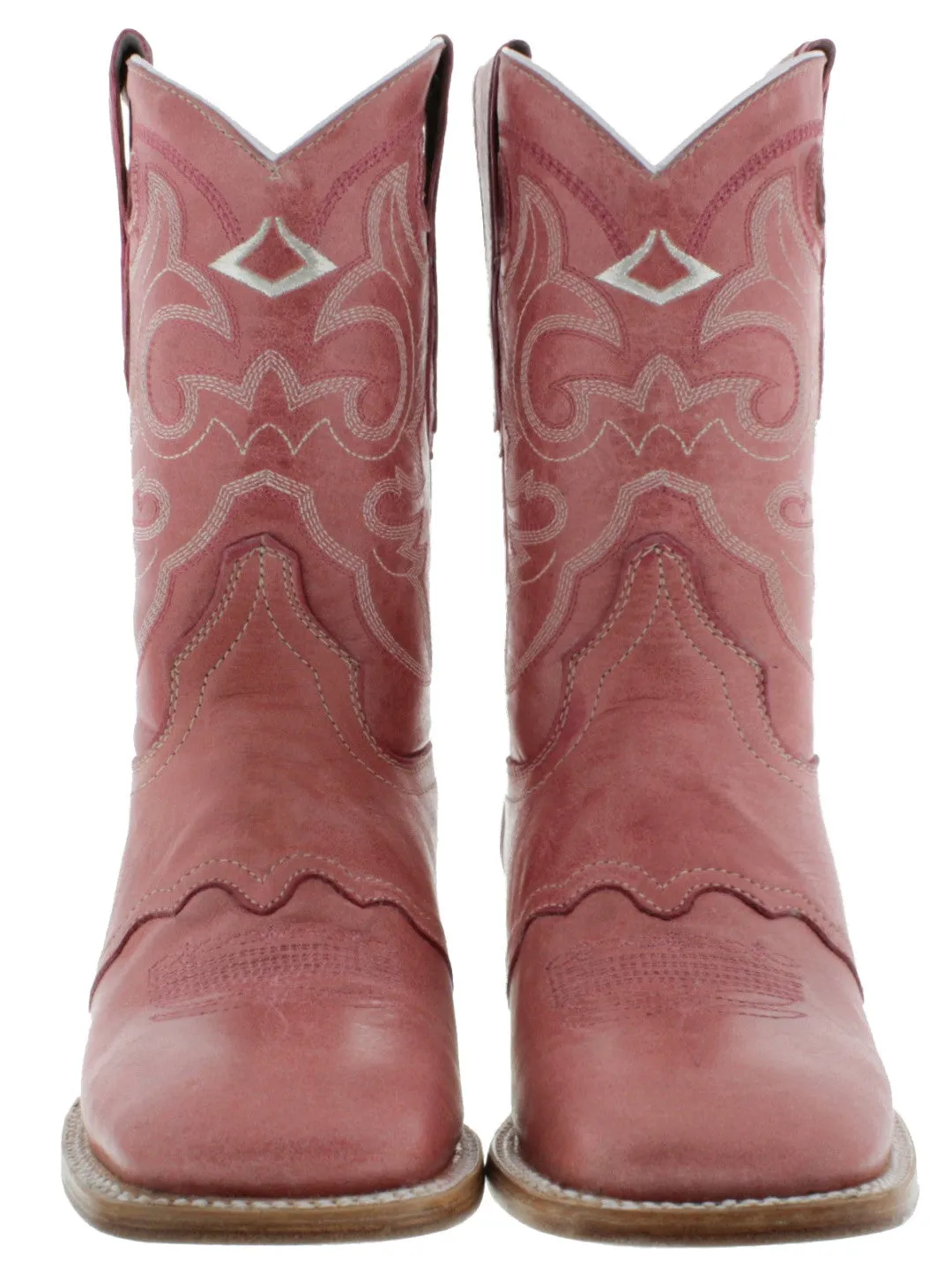 Women's Pink Mid Calf Leather Pull On Cowboy Boots Square Toe - CP2
