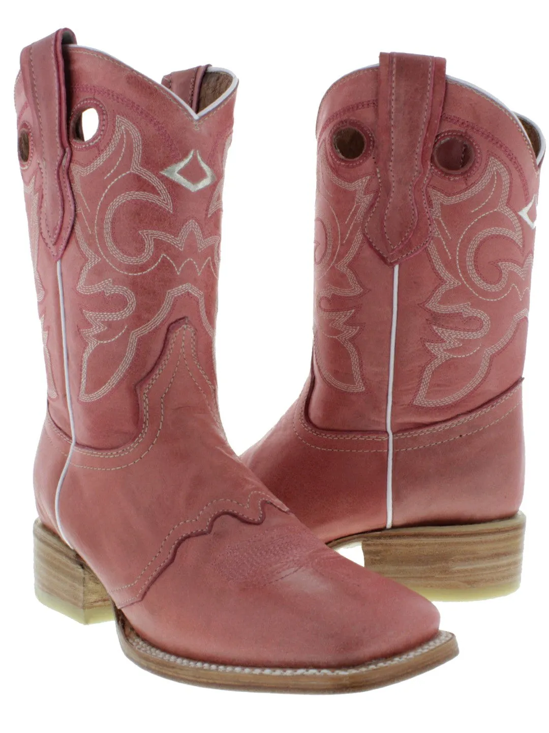 Women's Pink Mid Calf Leather Pull On Cowboy Boots Square Toe - CP2