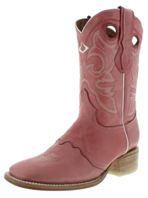 Women's Pink Mid Calf Leather Pull On Cowboy Boots Square Toe - CP2