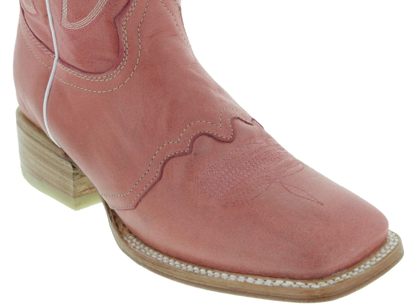 Women's Pink Mid Calf Leather Pull On Cowboy Boots Square Toe - CP2